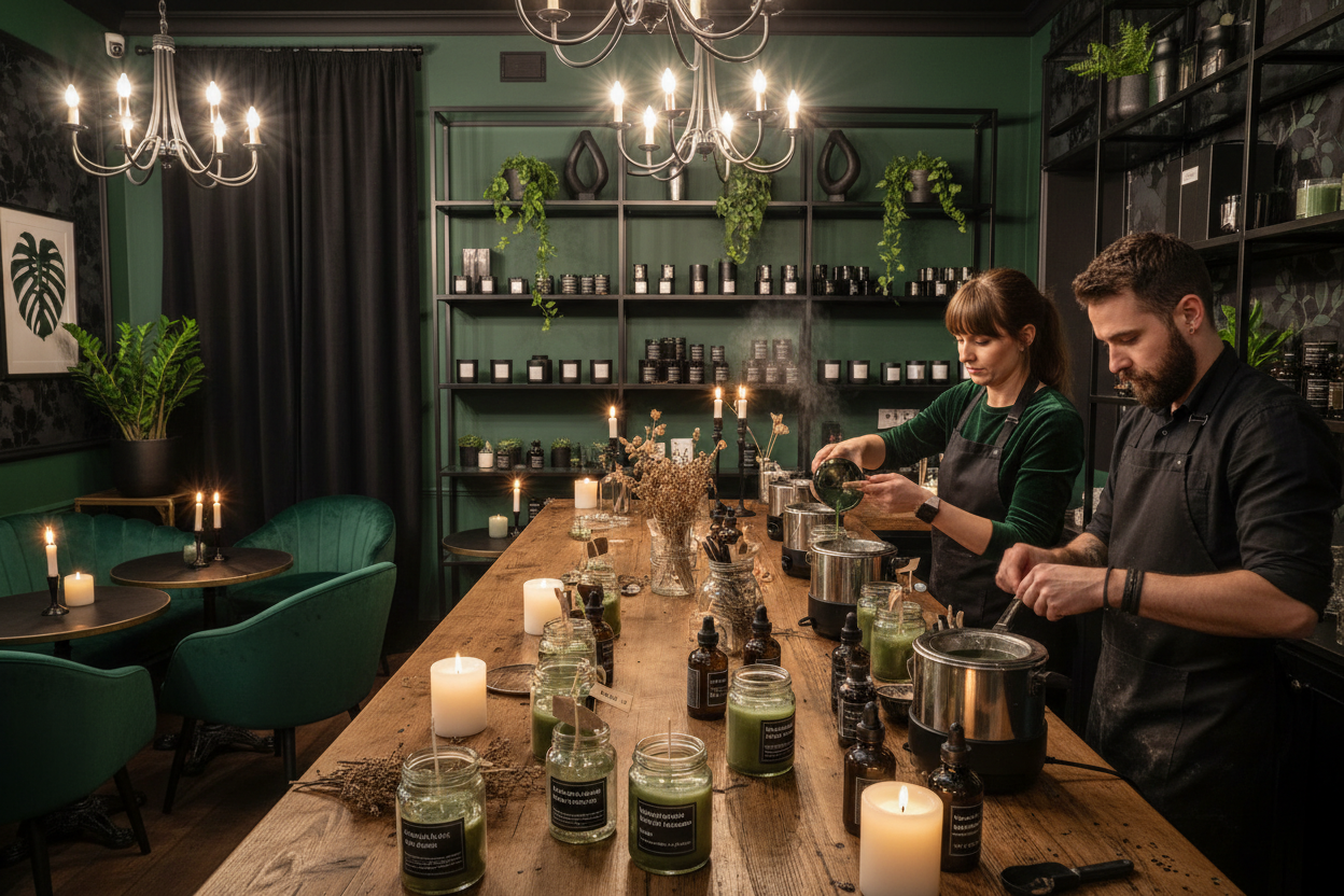 Candle making in a cozy bar with green and black accents